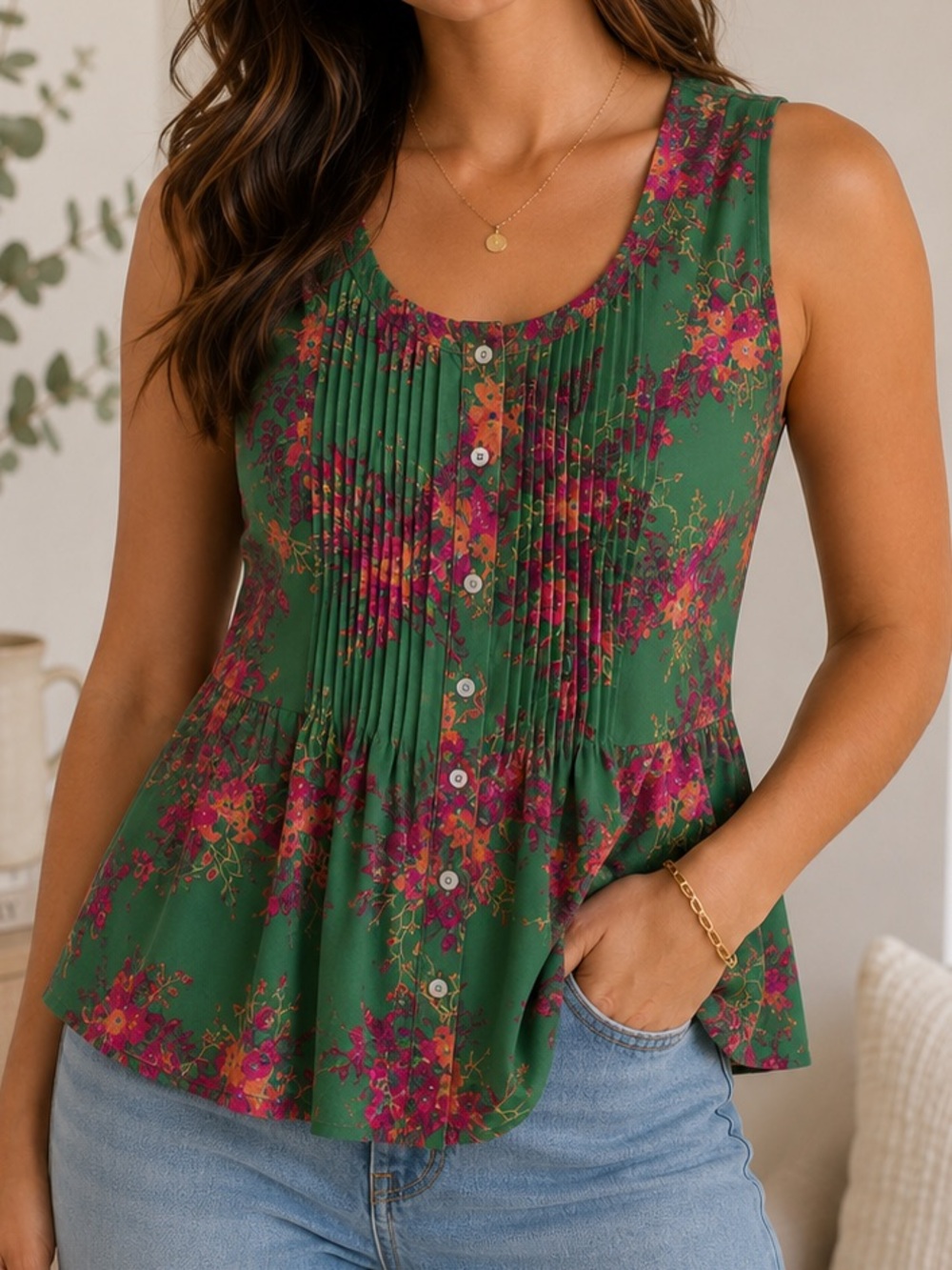 Hive & Honey Green Floral Pleated Sleeveless Tank Top M Floral